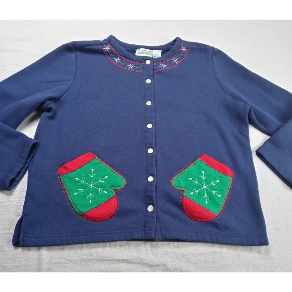 Shenanigans embroidered Christmas Gloves Navy Blue cardigan  sweater Sz Medium